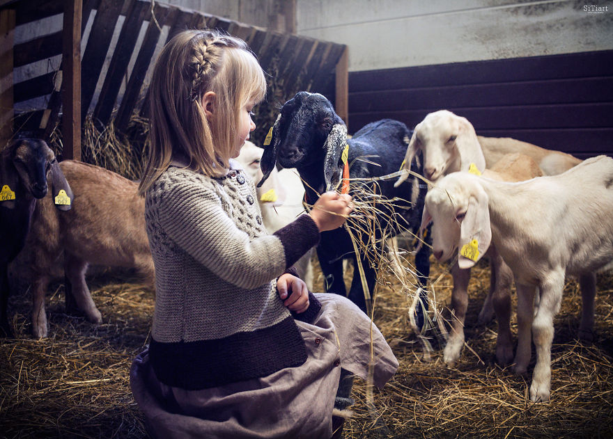 Fotografía de una niña alimentando a las cabras