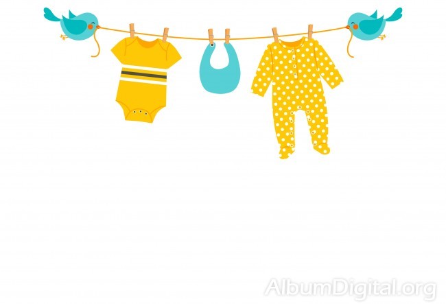 Ropa de beb azul y amarilla con pajarito. Formato clssic